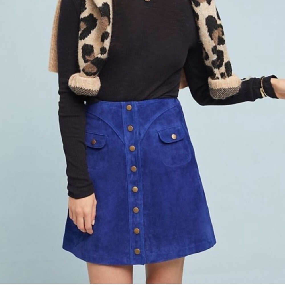 Anthropologie Suede 100% Leather Button Down Skirt 8